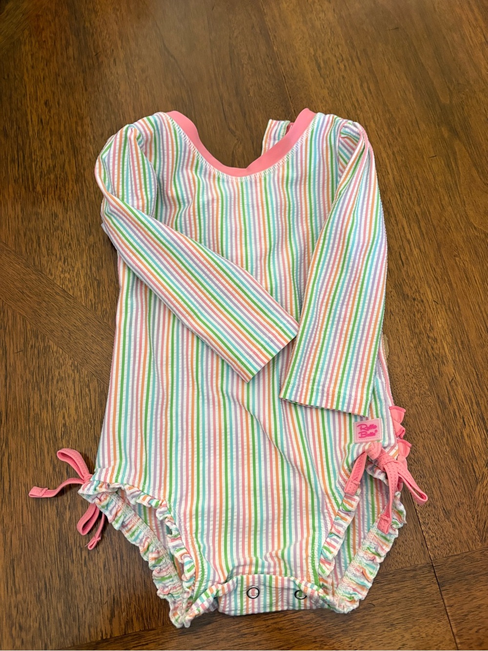 Ruffle Butts Pink Trim Multicolor Striped Long Sleeve One-Piece Swim